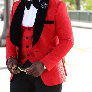 Groomsmen Shawl Lapel Groom Tuxedos Red/White/Black Men Suits Wedding Best Man Blazer (Jacket+Pants+Tie+Vest)